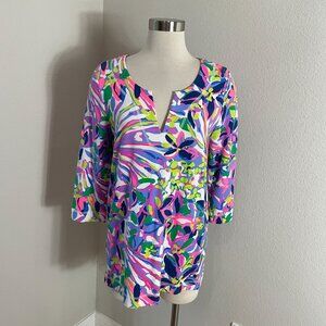 Lilly Pulitzer Womens Medium Justina Tunic Top 3/4 Sleeve V‎ Neck Shirt Stretch